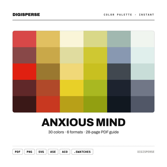 Muted Grey Color Palette for Mental Health Art and Introspective Journal Branding, 30 Anxious Mind Hues, Procreate Swatches, Hex Codes