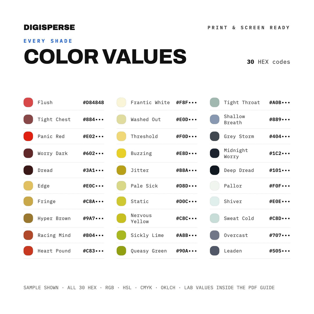 Muted Grey Color Palette for Mental Health Art and Introspective Journal Branding, 30 Anxious Mind Hues, Procreate Swatches, Hex Codes