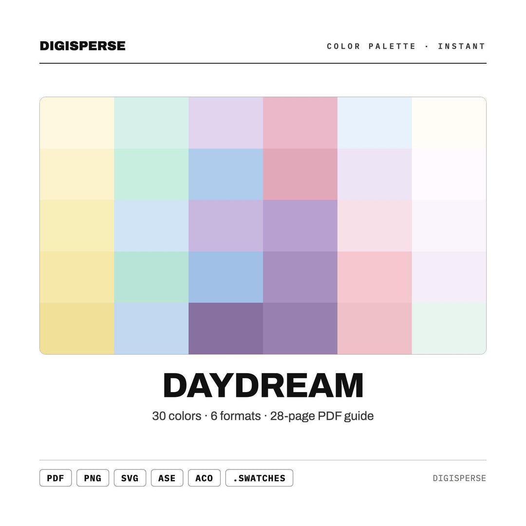 Soft Pastel Color Palette for Dreamy Art and Whimsical Branding, 30 Daydream Cloud Hues, Procreate Swatches, Hex Codes