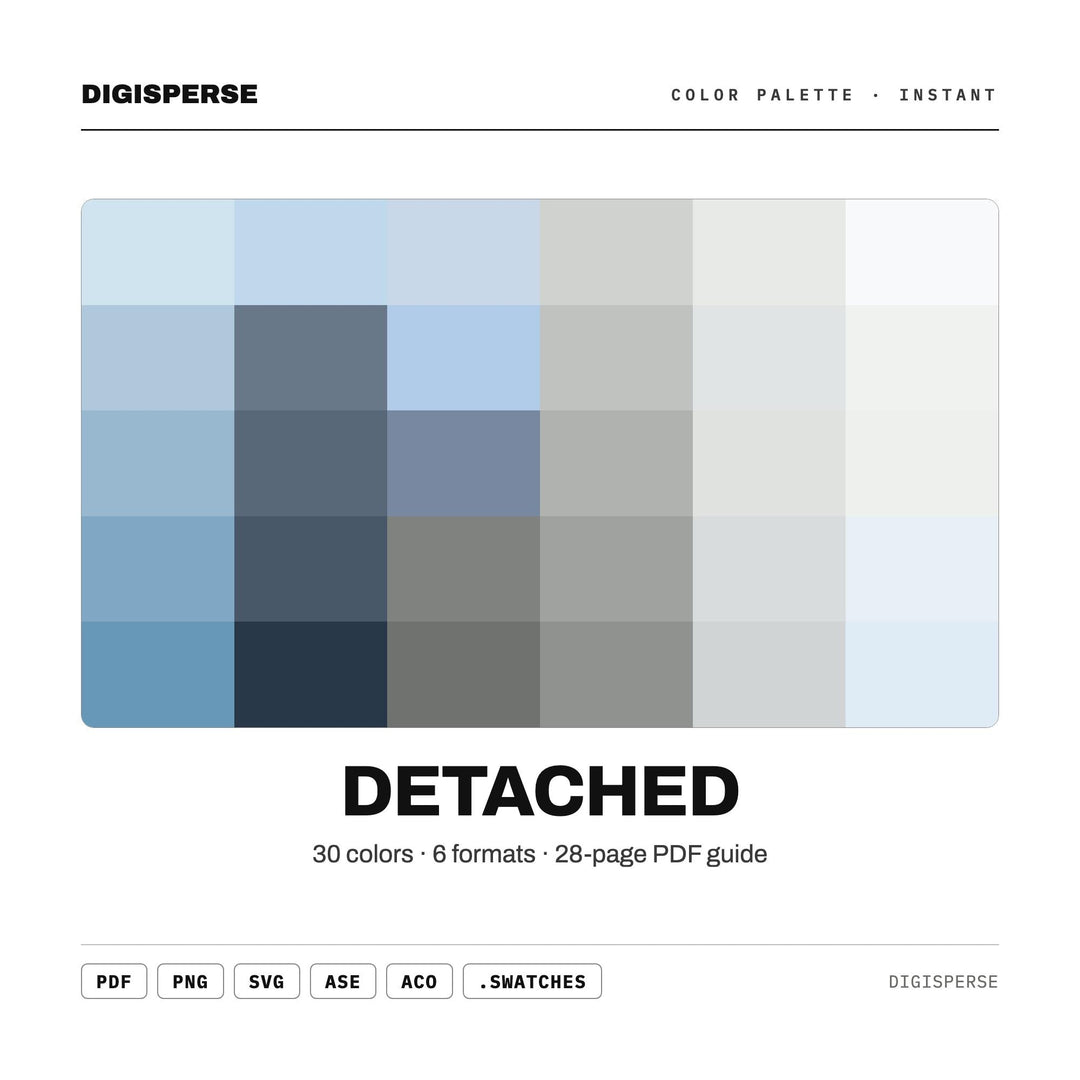 Detached Color Palette | 30 Colors | Hex RGB CMYK | Color Guide | Procreate Swatches + ASE | Digital Download