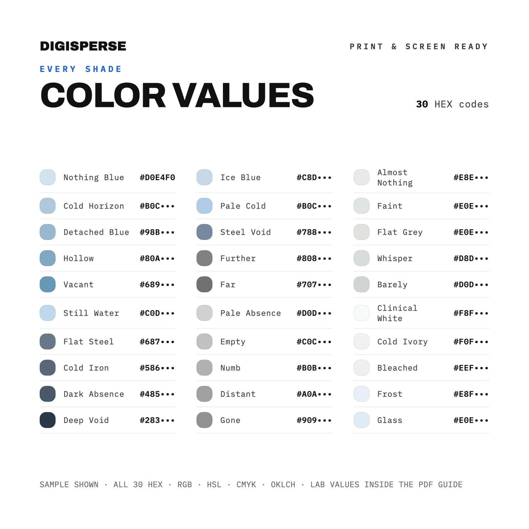 Detached Color Palette | 30 Colors | Hex RGB CMYK | Color Guide | Procreate Swatches + ASE | Digital Download