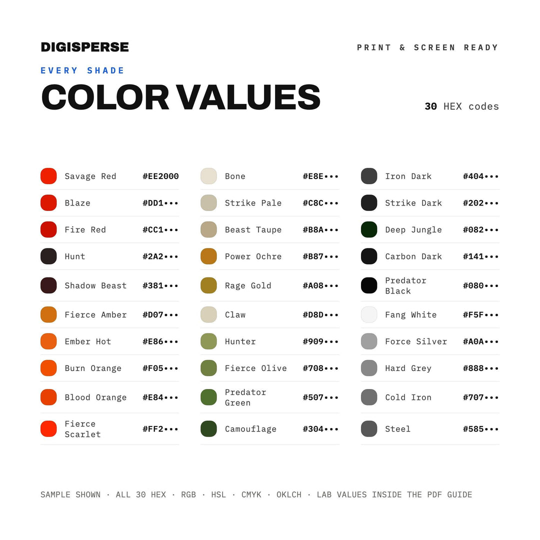 Bold Fiery Color Palette for Empowered Portrait Art and Confident Branding, 30 Fierce Passionate Hues, Procreate Swatches, Hex Codes