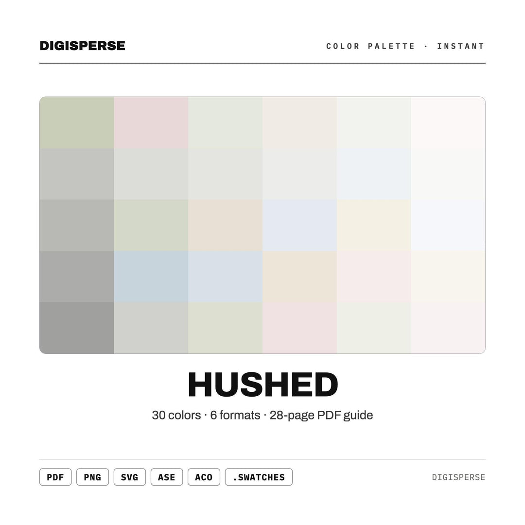 Quiet Muted Color Palette for Calm Minimal Art and Serene Branding, 30 Hushed Whisper Hues, Procreate Swatches, Hex Codes