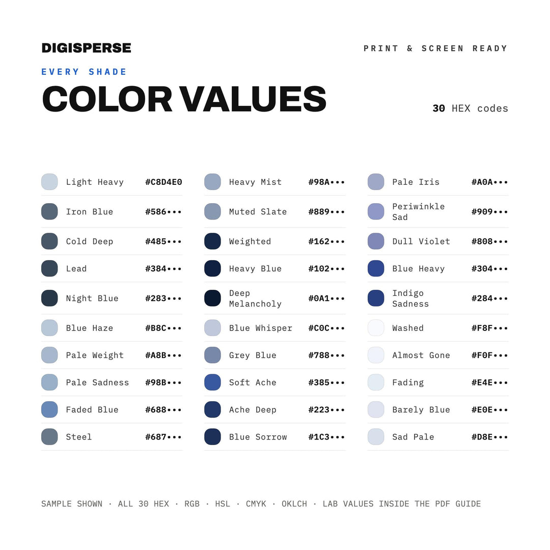 Melancholic Blue Color Palette | 30 Procreate Swatches, ASE Guide (Digital Download)