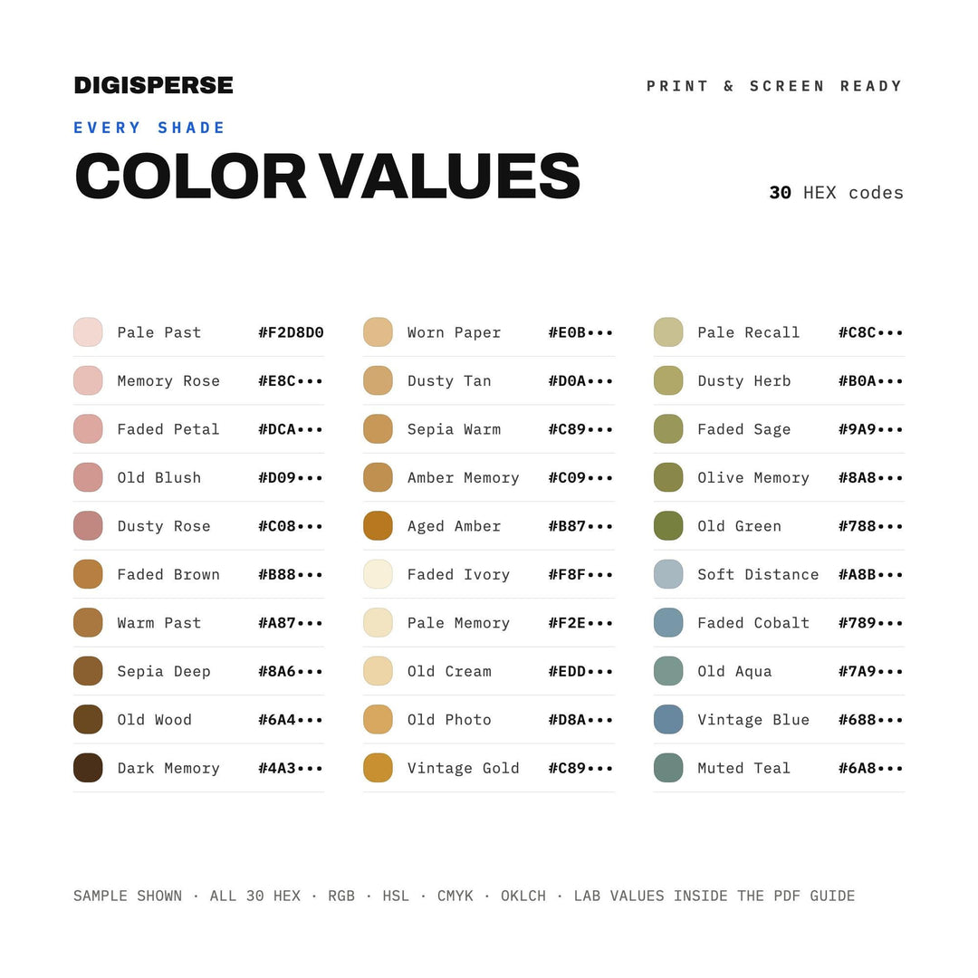 Nostalgic Color Palette | 30 Procreate Swatches, HEX, RGB, CMYK (Digital Download)