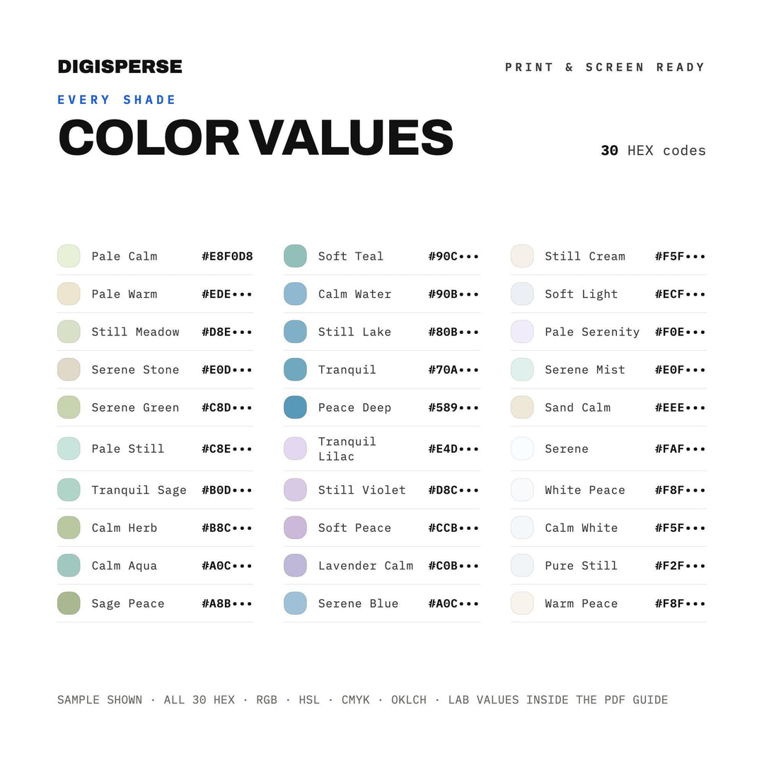 Soft Pastel Color Palette for Calm Wellness Art and Spa Zen Branding, 30 Serene Peaceful Hues, Procreate Swatches, Hex Codes