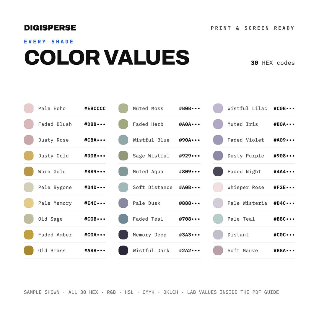 Soft Nostalgic Color Palette for Sentimental Memory Art and Gentle Branding, 30 Wistful Faded Hues, Procreate Swatches, Hex Codes