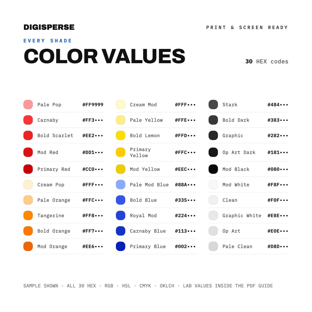 1960s Mod Color Palette | 30 Swatches, Hex, RGB, CMYK (Digital Download)