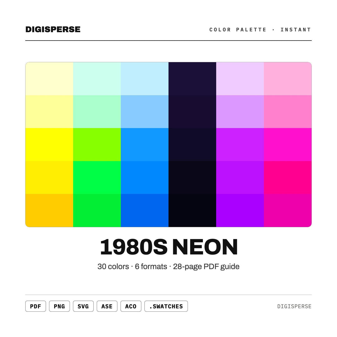 1980s Neon Color Palette | 30 Procreate Swatches, ASE Guide (Digital Download)