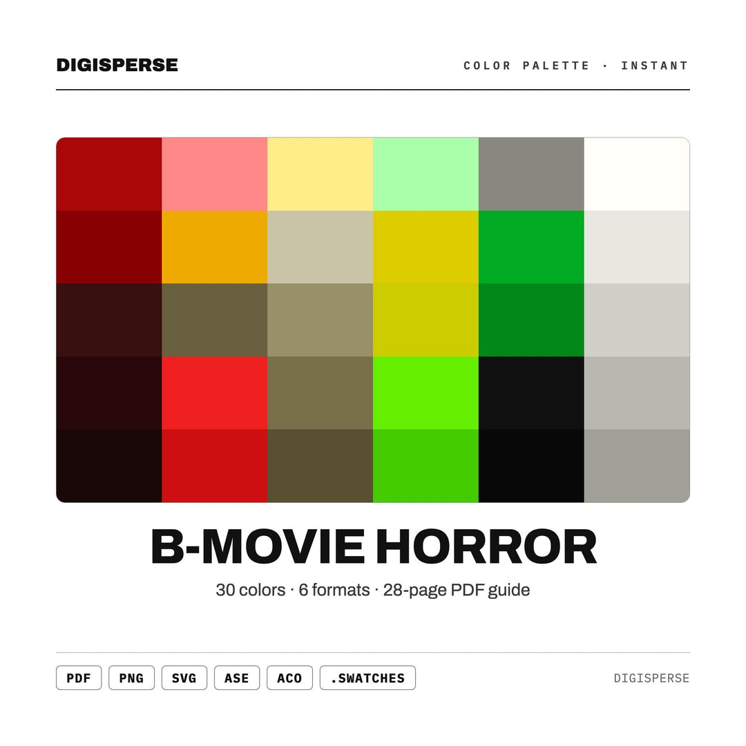 Lurid Pulp Color Palette for Retro Horror Poster Art and Cult Film Branding, 30 B Movie Hues, Procreate Swatches, Hex Codes