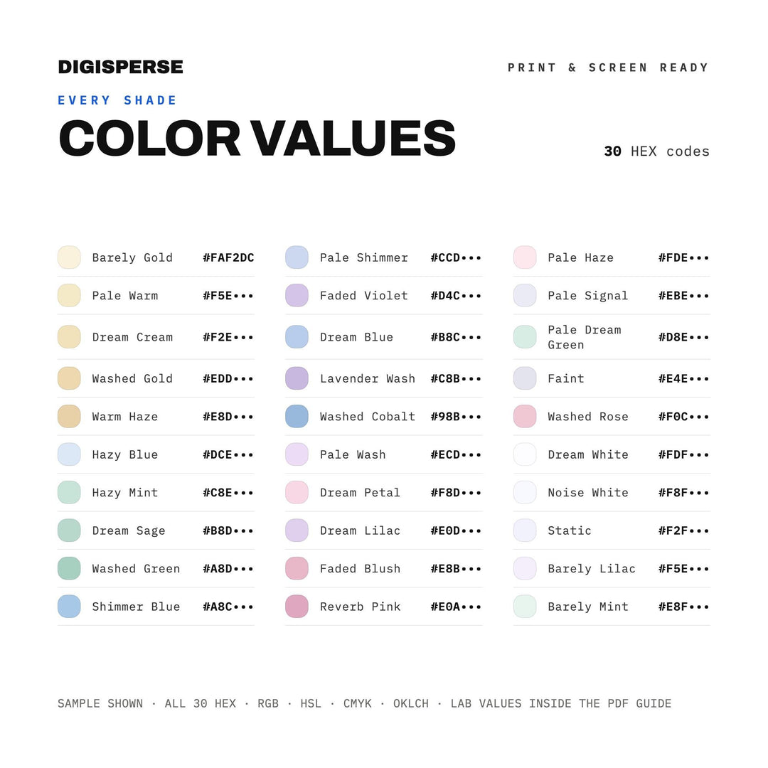 Hazy Pastel Color Palette for Shoegaze Album Art and Dreamy Music Branding, 30 Dream Pop Hues, Procreate Swatches, Hex Codes