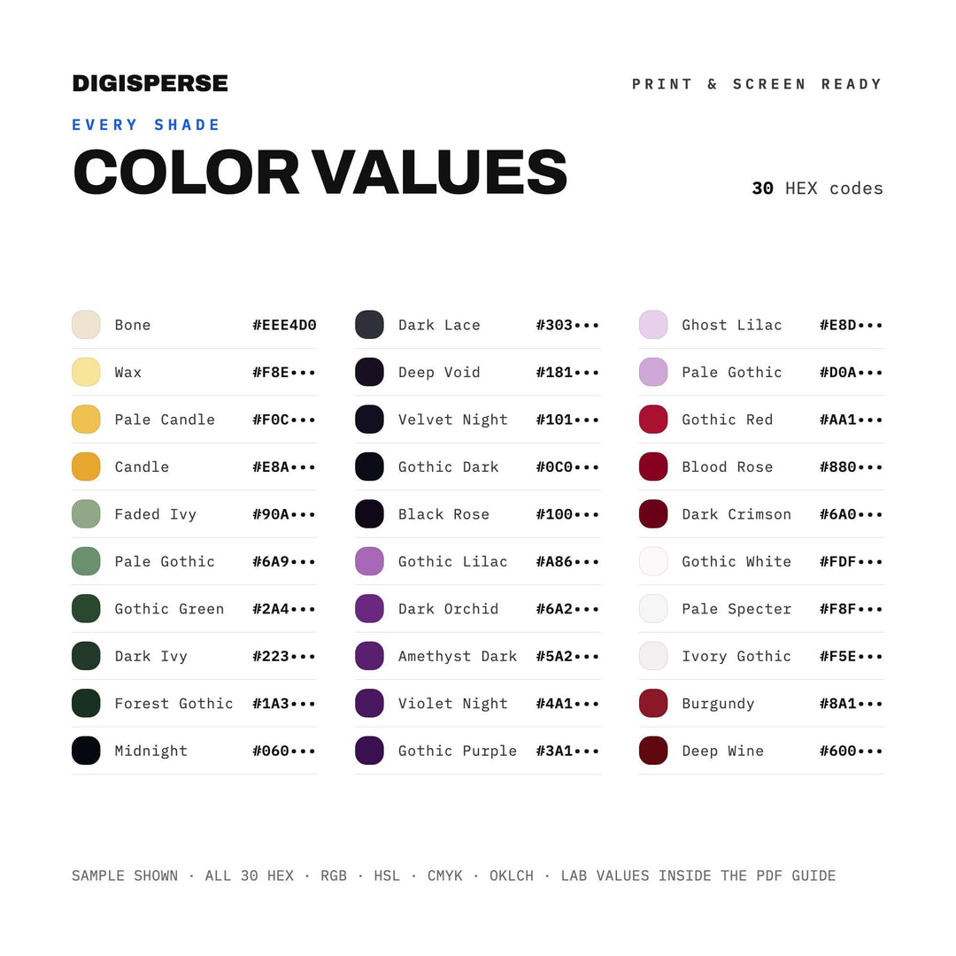 Gothic Romance Color Palette | 30 Moody Colors, Procreate, ASE (Digital Download)