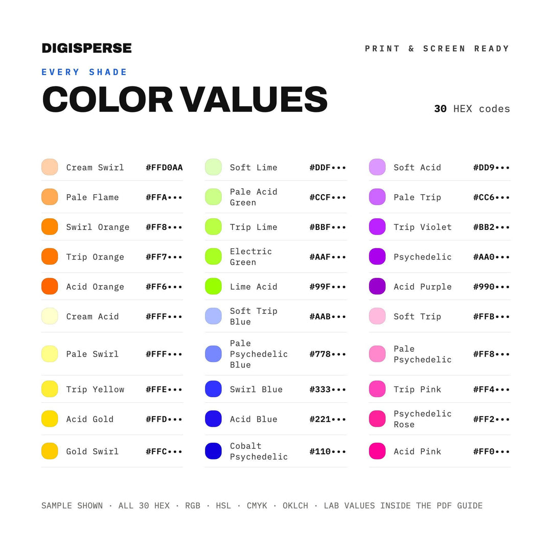 Psychedelic Rock Color Palette | 30 Colors | Hex RGB CMYK | Color Guide | Procreate Swatches + ASE | Digital Download