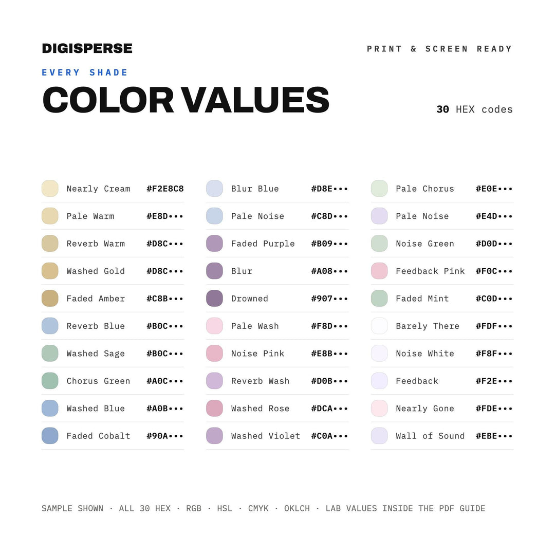 Hazy Dream Color Palette for Indie Album Art and Dreamy Music Branding, 30 Shoegaze Faded Hues, Procreate Swatches, Hex Codes