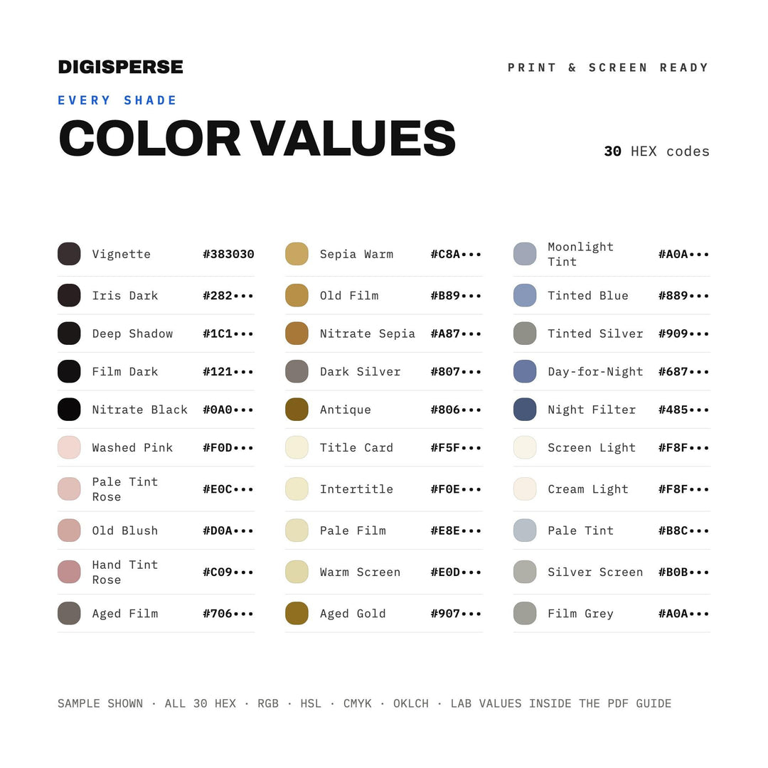 Silent Film Color Palette | 30 Colors | Hex RGB CMYK | Color Guide | Procreate Swatches + ASE | Digital Download