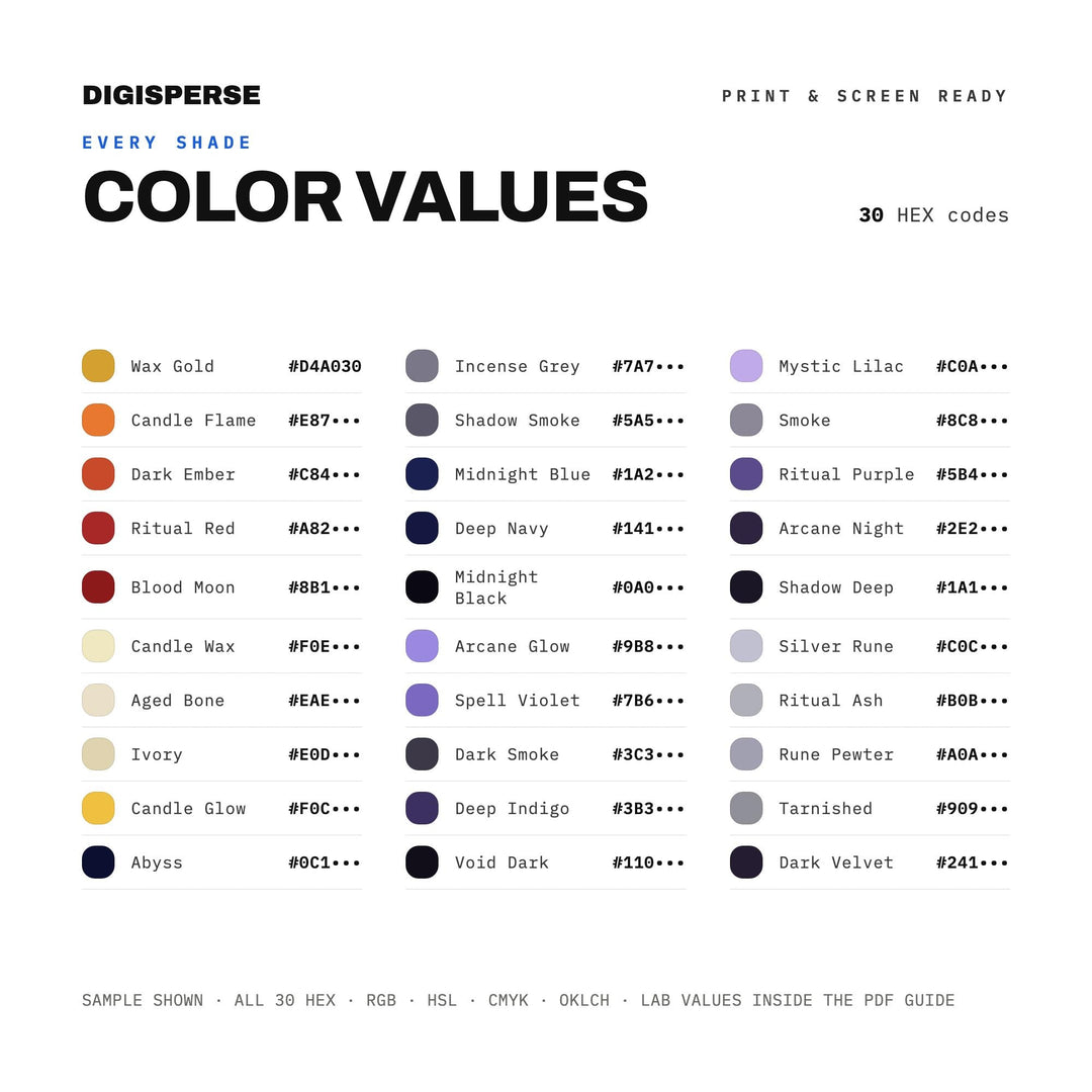 Witchy Purple Gold Color Palette for Gothic Branding and Dark Fantasy Art, 30 Arcane Jewel Tone Hues with Hex Codes, Procreate Swatches
