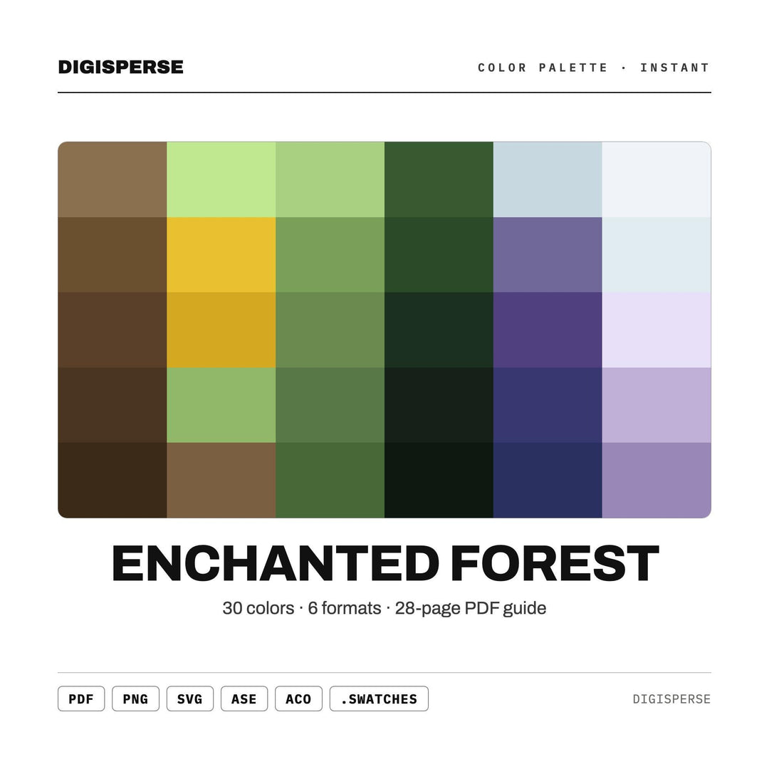 Enchanted Forest Color Palette | 30 Colors | Hex RGB CMYK | Color Guide | Procreate Swatches + ASE | Digital Download