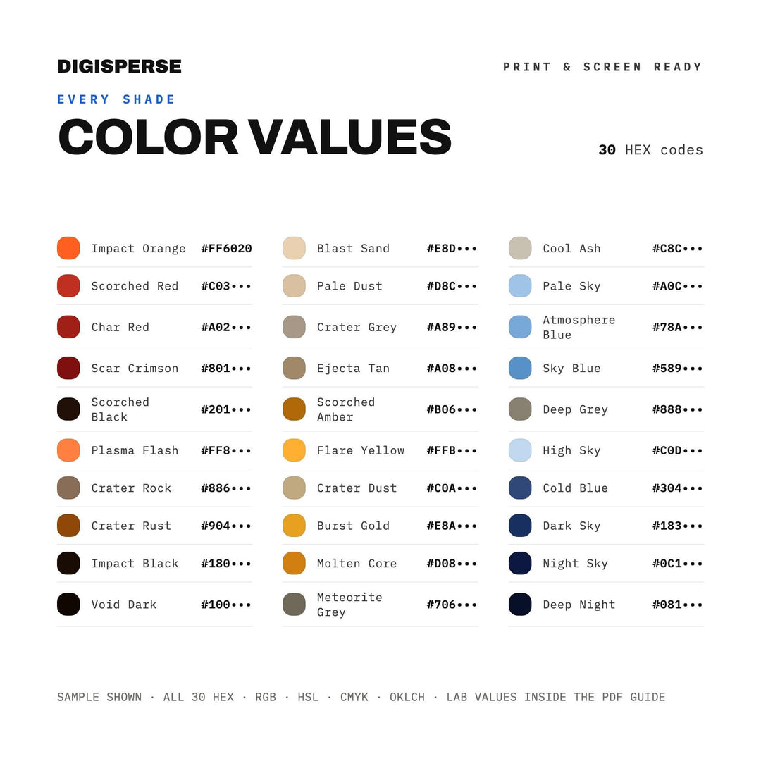 Fallen Star Color Palette | 30 Colors | Hex RGB CMYK | Color Guide | Procreate Swatches + ASE | Digital Download