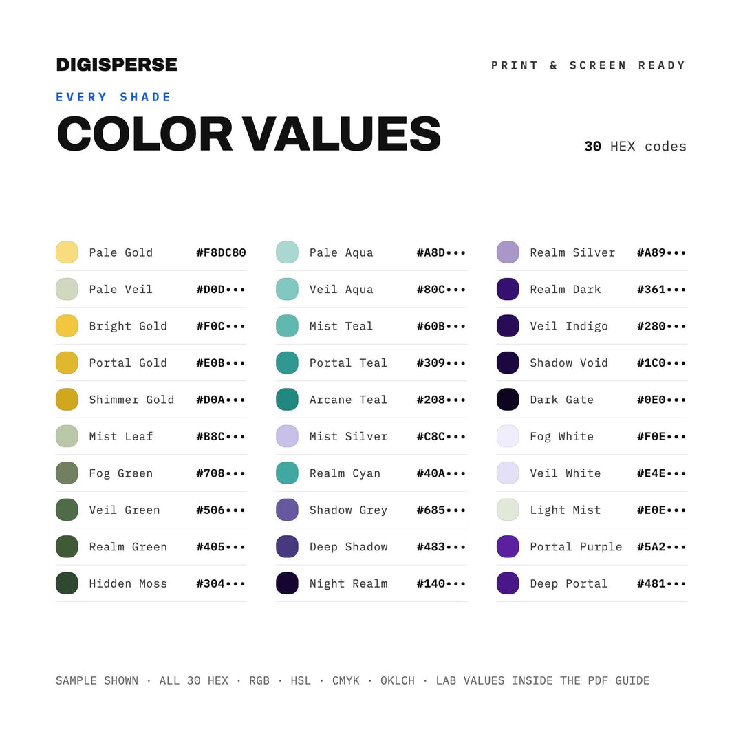 Hidden Realm Color Palette | 30 Colors | Hex RGB CMYK | Color Guide | Procreate Swatches + ASE | Digital Download