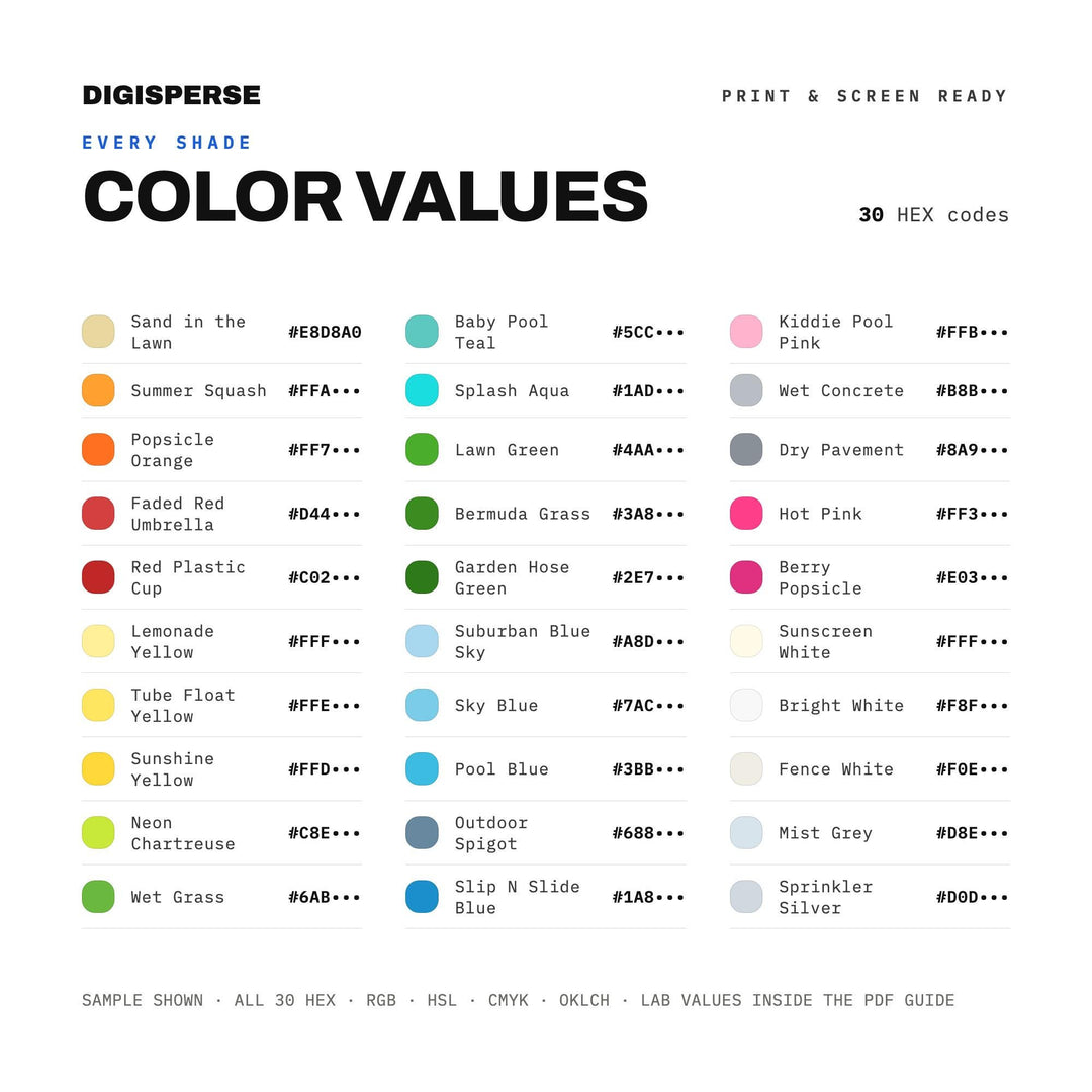 Bright Summer Color Palette for Nostalgic Childhood Art and Playful Branding, 30 Sprinkler Splash Hues, Procreate Swatches, Hex Codes