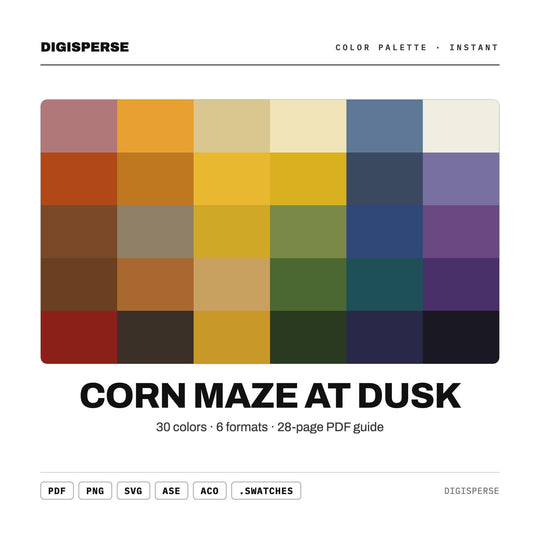 Corn Maze at Dusk Color Palette | 30 Colors | Hex RGB CMYK | Procreate Swatches + ASE | Digital Download