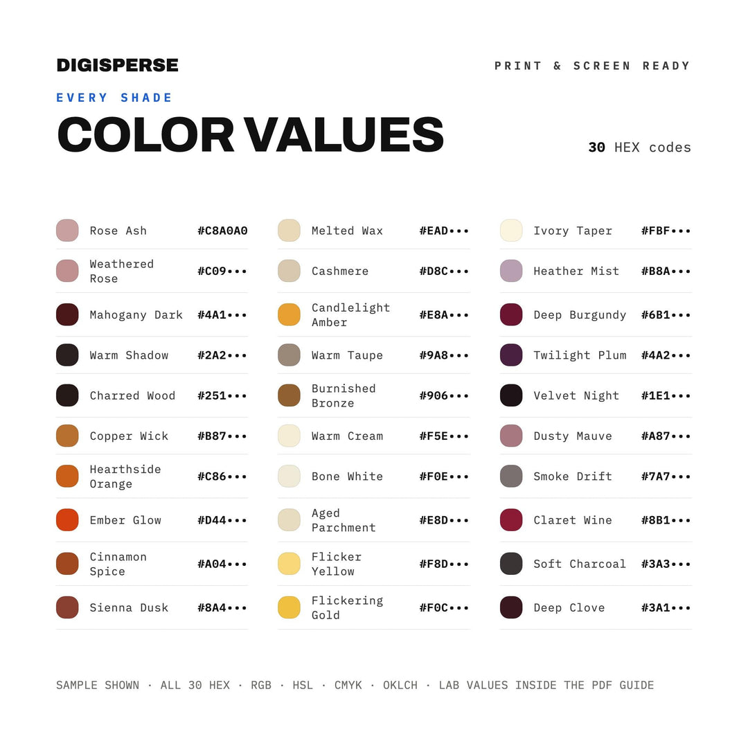 Warm Moody Color Palette for Cozy Autumn Art and Halloween Ambiance Branding, 30 Candlelit Amber Hues, Procreate Swatches