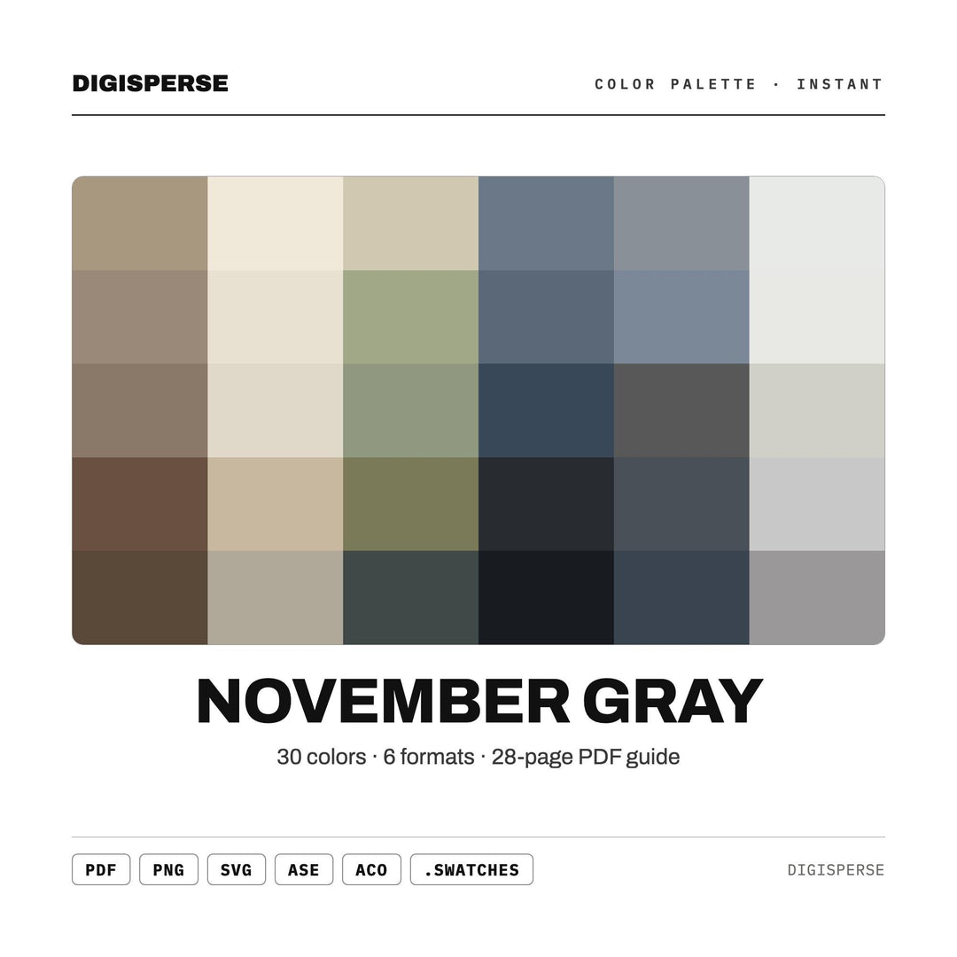 November Gray Color Palette | 30 Colors | Hex RGB CMYK | Procreate Swatches + ASE | Digital Download
