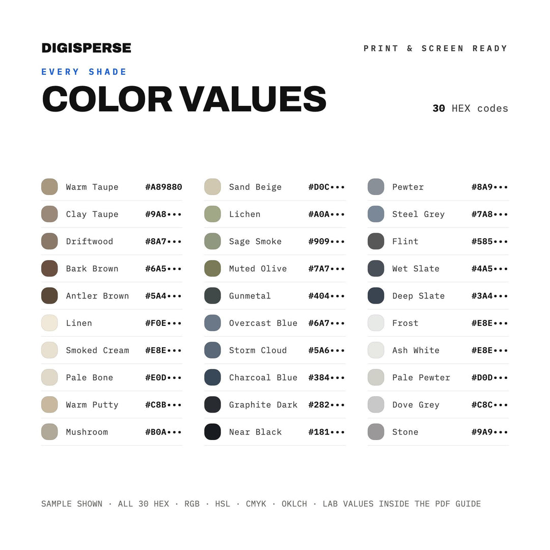 November Gray Color Palette | 30 Colors | Hex RGB CMYK | Procreate Swatches + ASE | Digital Download