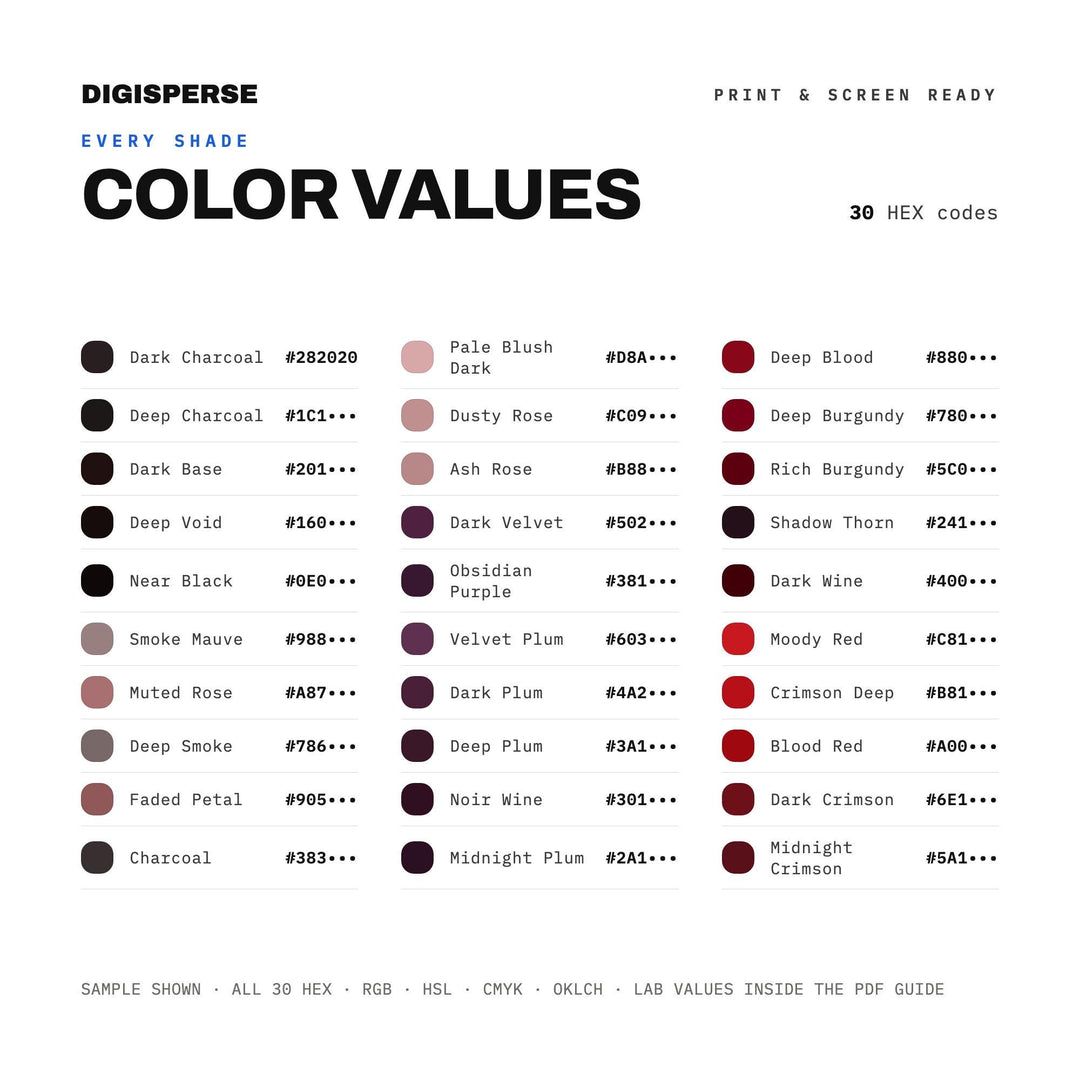Dark Valentine Color Palette | 30 Colors | Hex RGB CMYK | Procreate Swatches + ASE | Digital Download