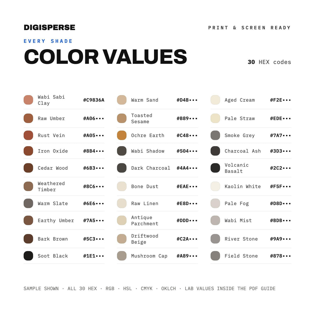 Wabi Sabi Pottery Color Palette | 30 Earth Tones, Hex RGB CMYK (Digital Download)