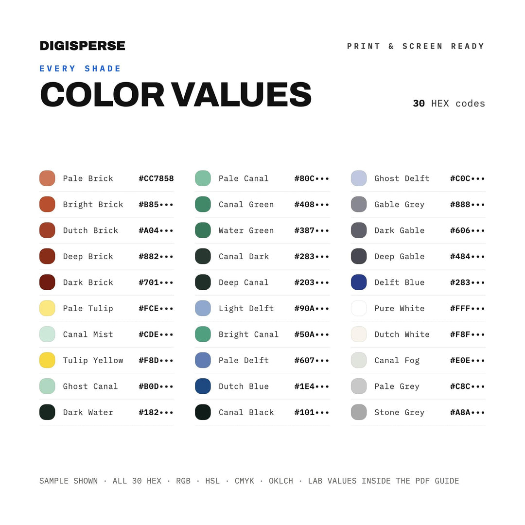 Amsterdam Canal Color Palette | 30 Procreate Swatches, HEX, RGB, CMYK (Digital Download)
