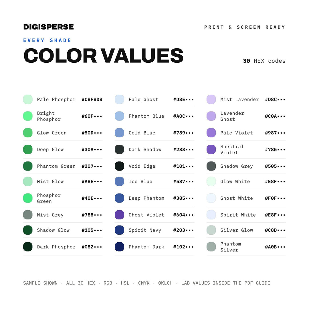 Phantom Glow Color Palette | 30 Procreate Swatches, ASE, PDF Guide (Digital Download)