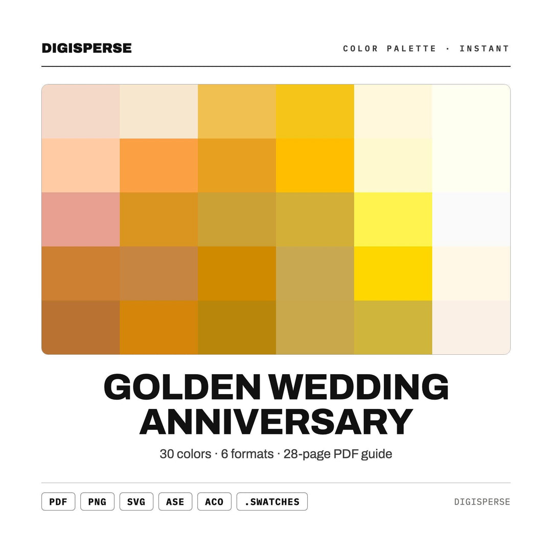 Radiant Gold Color Palette for 50th Anniversary Art and Celebration Branding, 30 Golden Wedding Hues, Procreate Swatches