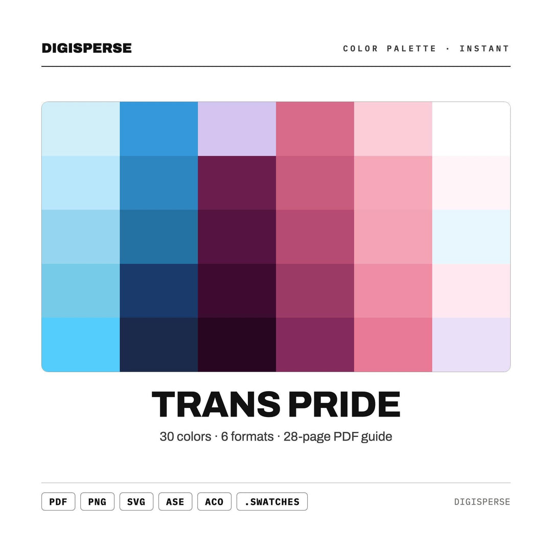Trans Pride Color Palette | 30 Colors | Hex RGB CMYK | Procreate Swatches + ASE | Digital Download