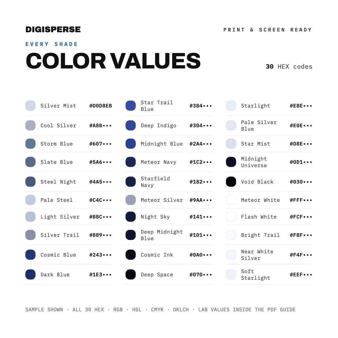 Deep Cosmic Color Palette for Night Sky Art and Astronomy Branding, 30 Meteor Streak Hues, Procreate Swatches