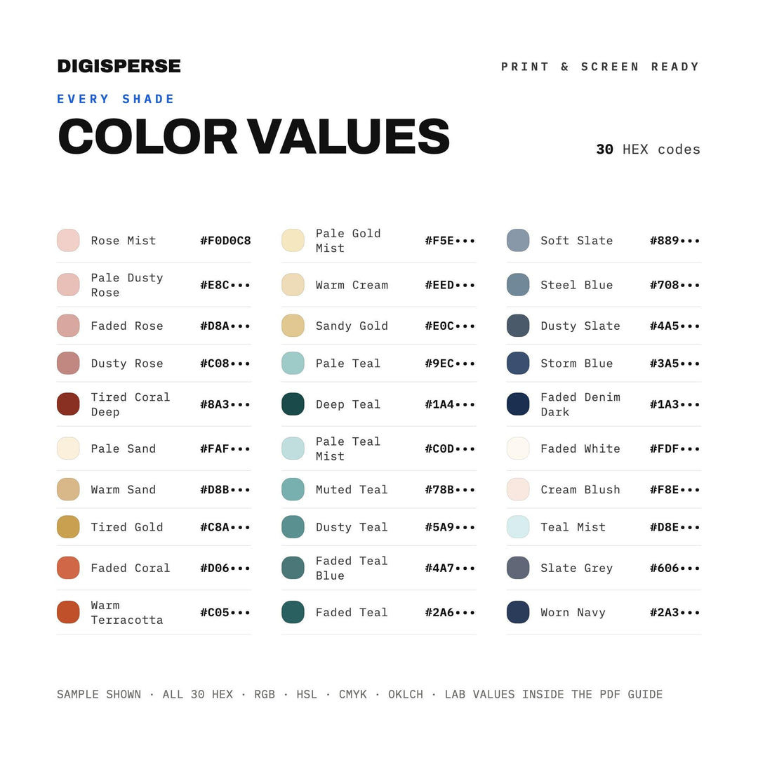 Warm Golden Color Palette for Late Summer Art and Nostalgic Sunset Branding, 30 Fading Light Hues, Procreate Swatches