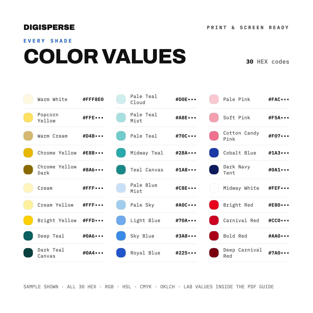 Bright Retro Color Palette for Carnival Fair Art and Nostalgic Branding, 30 Midway Ferris Hues, Procreate Swatches