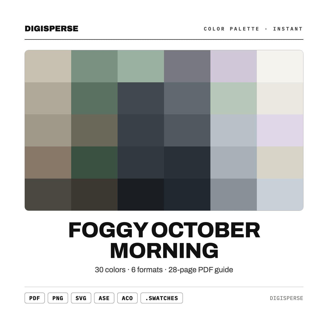 Muted Grey Color Palette for Autumn Fog Art and Moody Halloween Branding, 30 October Mist Hues, Procreate Swatches
