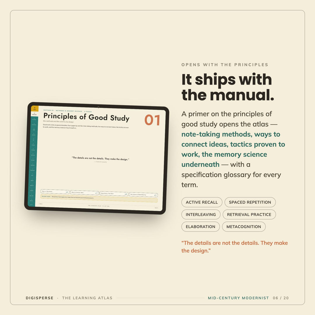 Mid-Century Modern Learning Journal | GoodNotes Study Planner PDF | Cornell Notes, Spaced Repetition, Reading Log | 5 Dated Formats