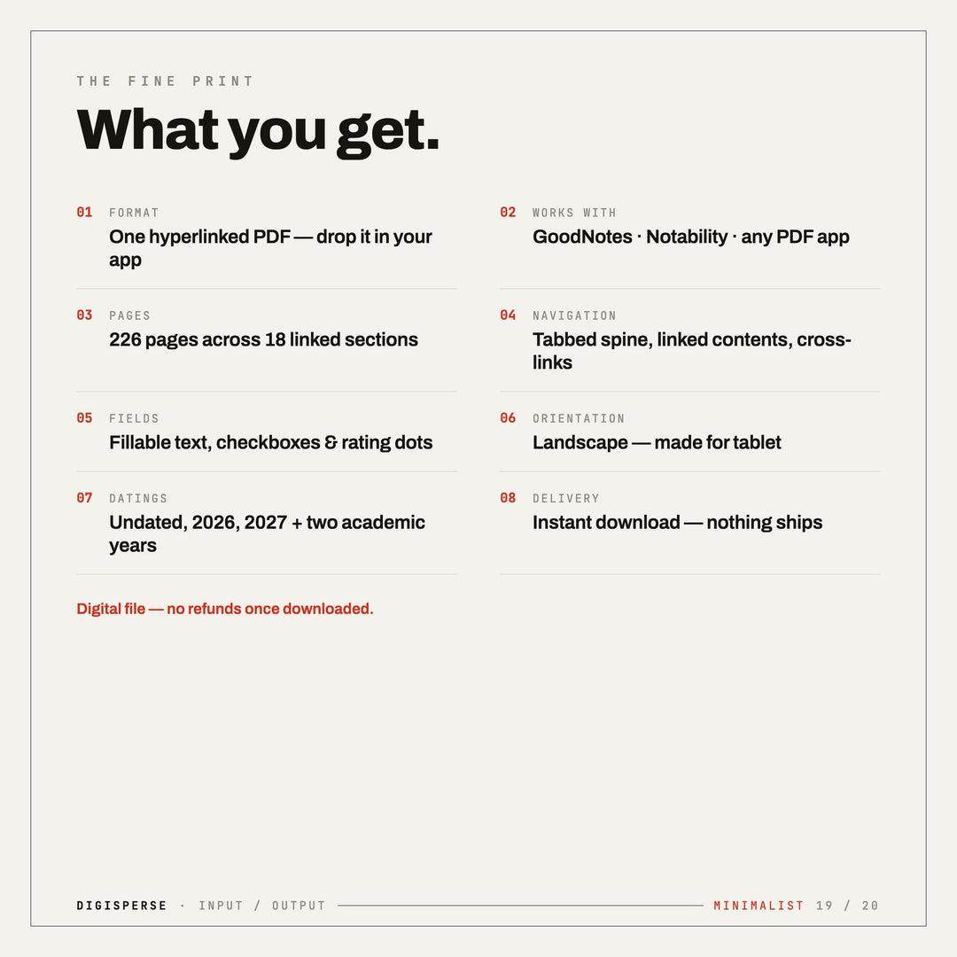 Minimalist Learning Journal | GoodNotes Digital Study Planner PDF | Cornell Notes, Spaced Repetition + Habit Tracker | 5 Dated Formats