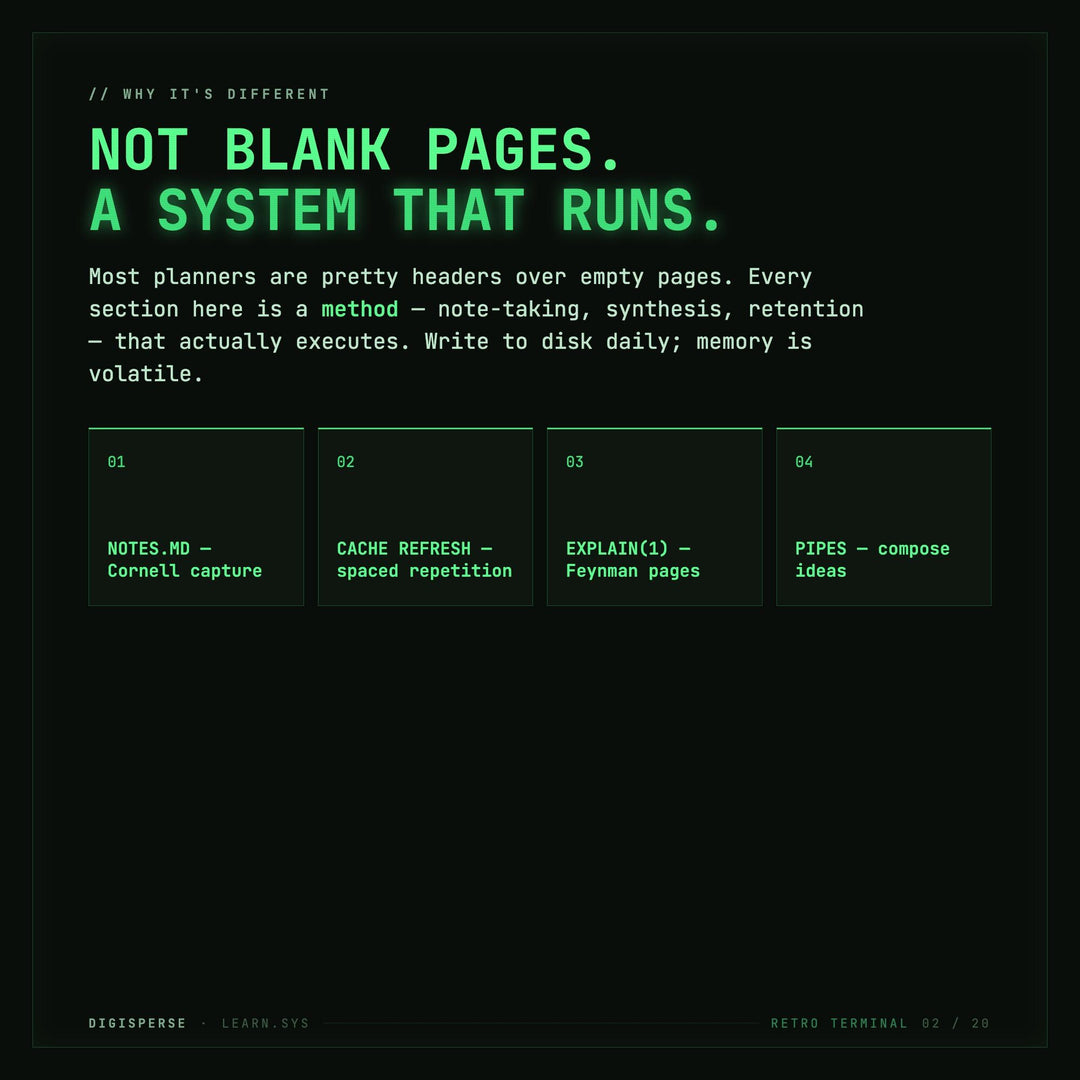Dated Retro Terminal Learning Journal | Coder Study Planner, Spaced Repetition (PDF Download)