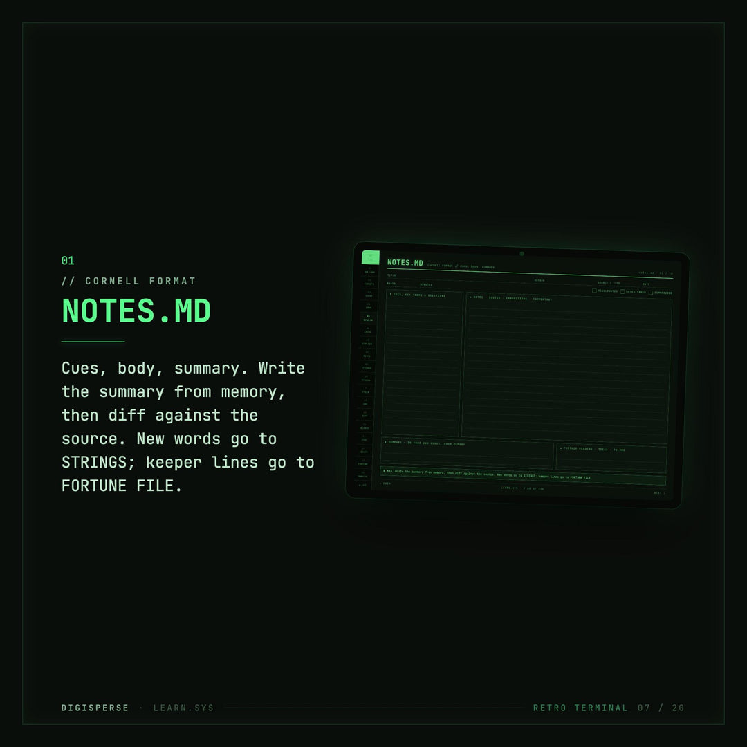 Dated Retro Terminal Learning Journal | Coder Study Planner, Spaced Repetition (PDF Download)