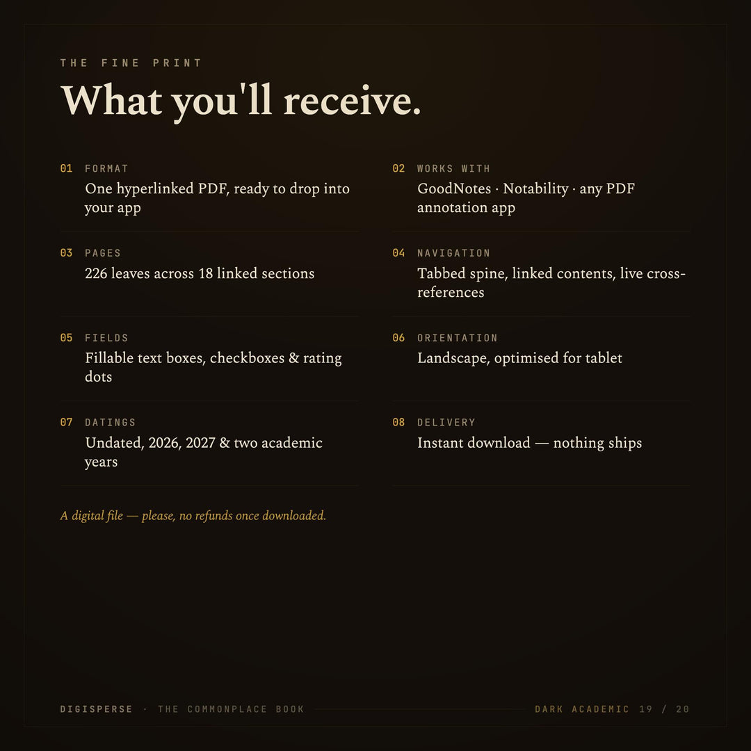 Dated Dark Academia Learning Journal | Cornell Notes, Spaced Repetition (Digital Download)