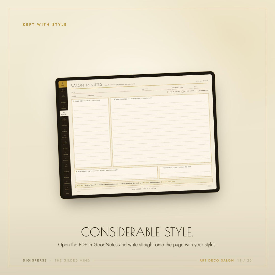 Dated Art Deco Learning Journal | Cornell Notes, Spaced Repetition, Reading Log (Digital Download)