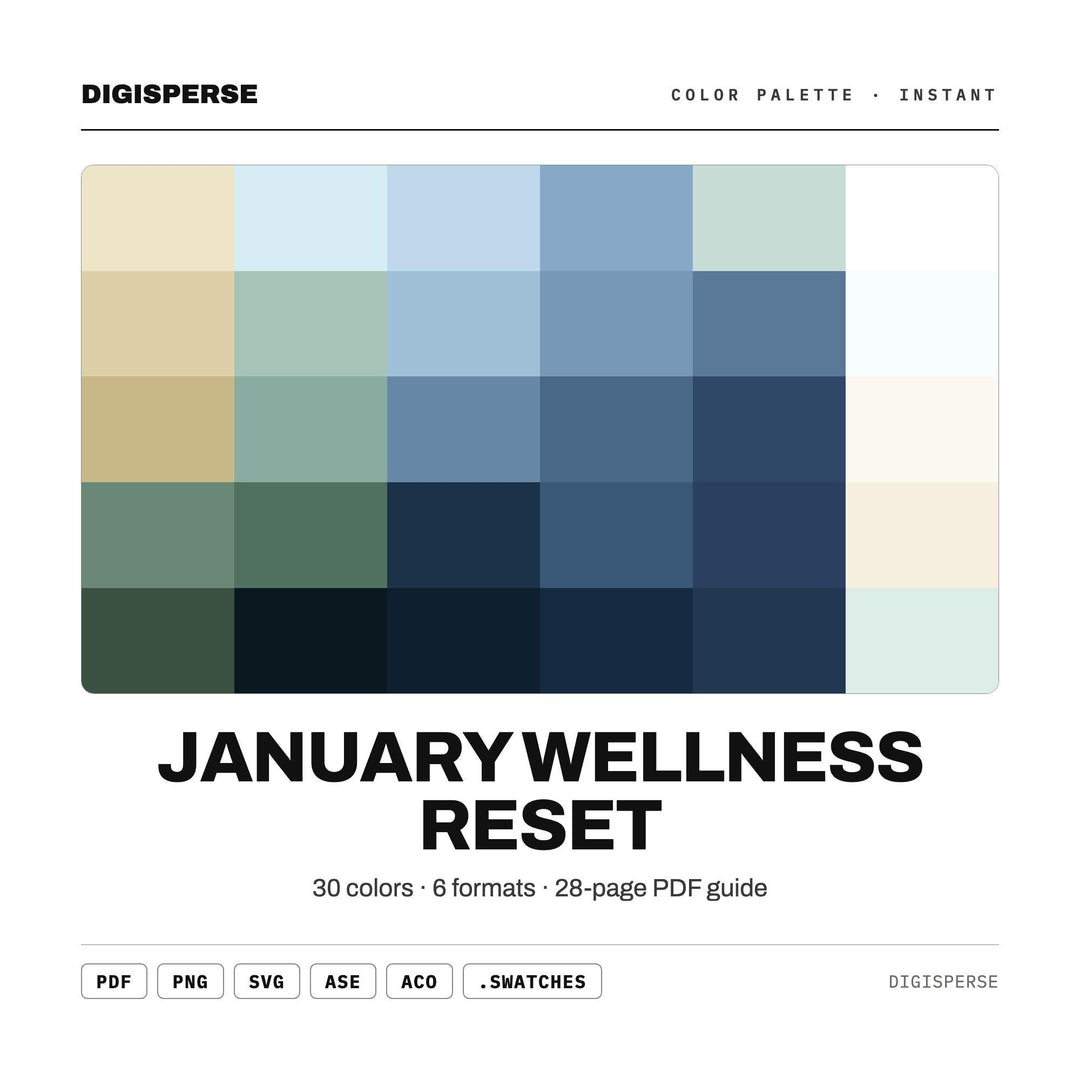 Calm Cool Color Palette for New Year Wellness Art and Minimal Branding, 30 Fresh Reset Hues, Procreate Swatches