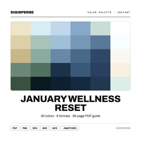 Calm Cool Color Palette for New Year Wellness Art and Minimal Branding, 30 Fresh Reset Hues, Procreate Swatches