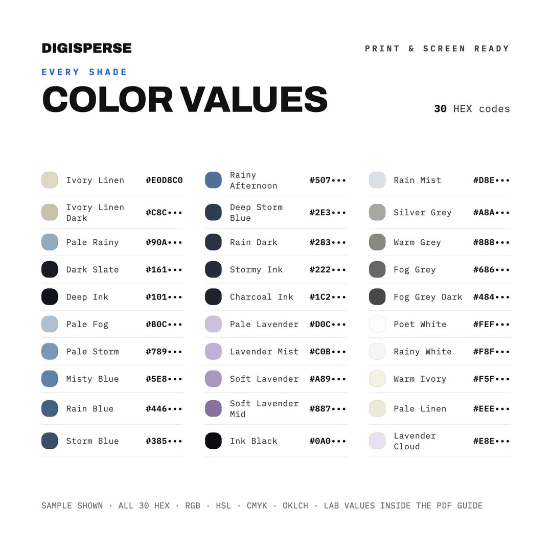 Soft Muted Color Palette for Dark Academia Art and Literary Branding, 30 Poetcore Vintage Hues, Procreate Swatches