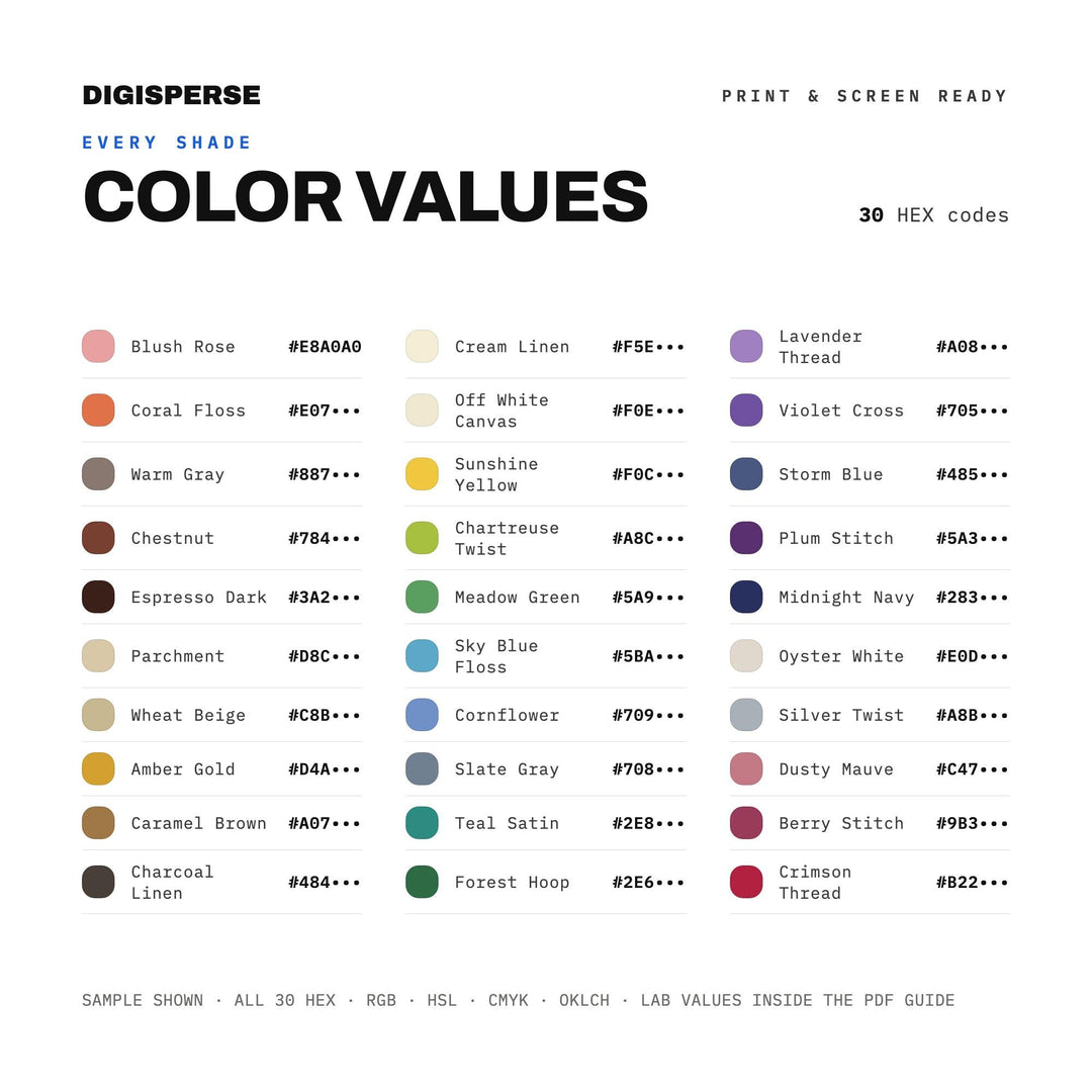 Vibrant Craft Color Palette for Hand Embroidery Art and Fiber Studio Branding, 30 Thread Spool Hues, Procreate Swatches