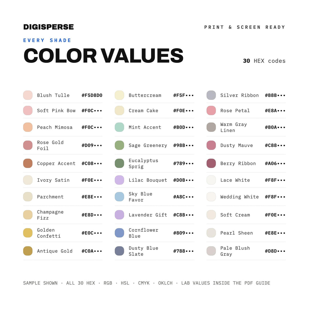 Bridal Shower Color Palette | 30 Colors | Hex RGB CMYK | Procreate Swatches + ASE | Digital Download
