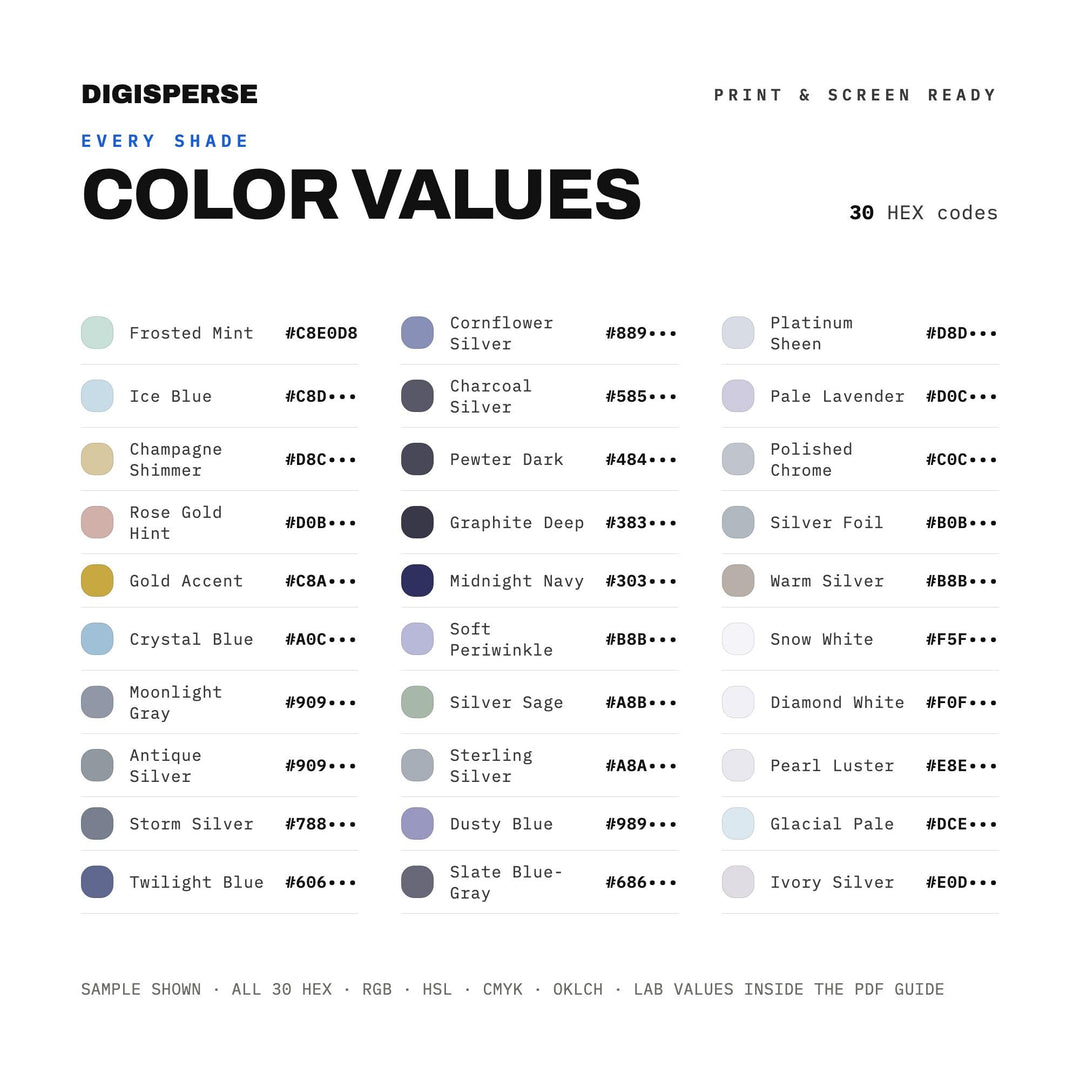 Silver Anniversary Color Palette | 30 Colors | Hex RGB CMYK | Procreate Swatches + ASE | Digital Download